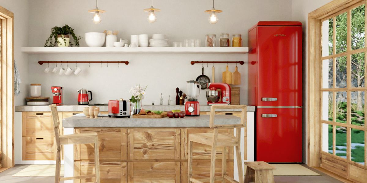 Accessoires rouges dans une cuisine en bois 
